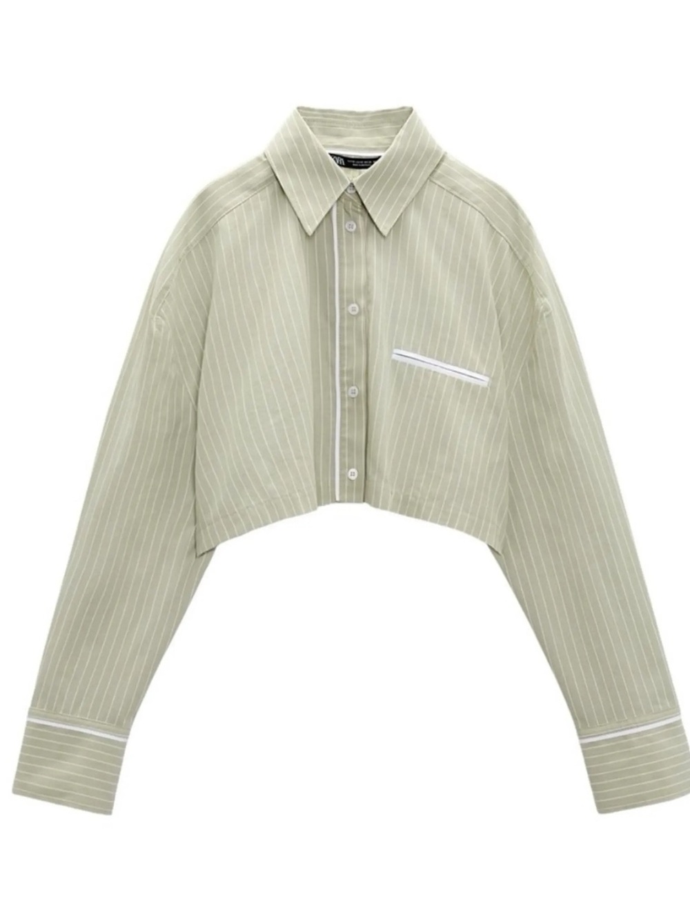 Zara Poplin Green Striped Long Sleeve Top
